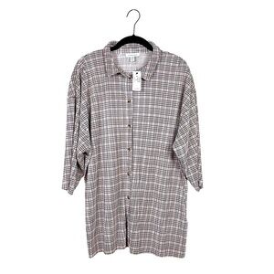NWT Topshop Plaid Plisse Button-Up Blouse Shirt Multicolor 3/4 Sleeve Size 8-10